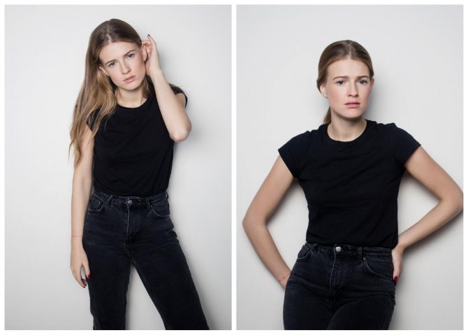 Софья Эрнст стоит в черной футболке возле стены